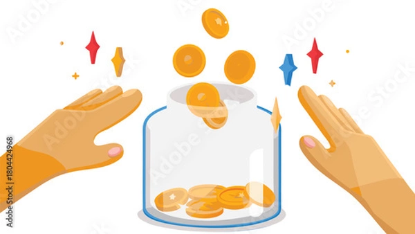 Obraz Hands passing glowing coins into a transparent donation box symbolizing generosity charity and financial contributions for a good cause