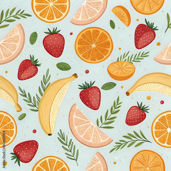 Fototapeta seamless pattern with fruits, Cute fruit pattern with sliced oranges, strawberries, bananas, seamless colorful kitchen background
