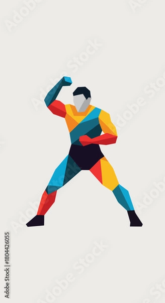 Fototapeta Geometric illustration of a superhero in a dynamic pose, showcasing vibrant colors and abstract design.