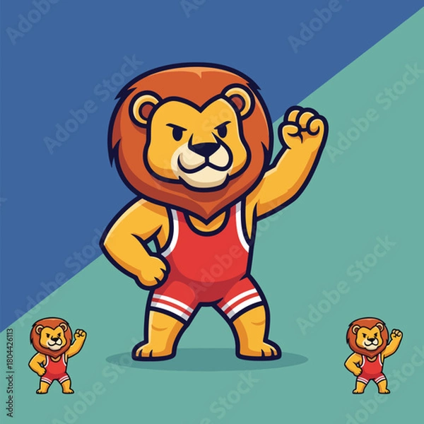Fototapeta A cartoon lion character wearing a red wrestling uniform, striking a powerful pose with a raised fist, against a split blue and green background.