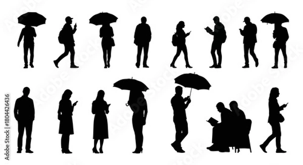 Fototapeta diverse people silhouettes in various urban poses walking reading phone use holding umbrellas depicting modern daily life for graphics.