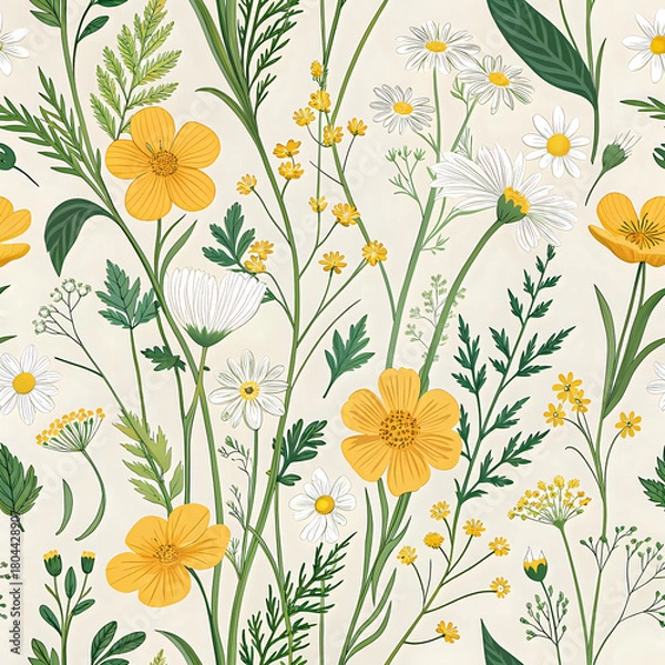 Fototapeta Field flower pattern with buttercups, tiny daisies, and grass sprigs, nature-inspired seamless design