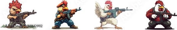 Fototapeta An Ak-47-toting cartoon chicken, consumed by rage, is illustrated in a sleek modern style with simple gradients, all contained within one layer