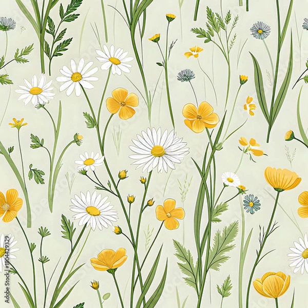 Fototapeta Field flower pattern with buttercups, tiny daisies, and grass sprigs, nature-inspired seamless design