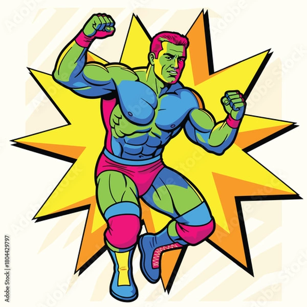 Fototapeta A vibrant illustration of a muscular wrestler in a dynamic pose with a starburst background.