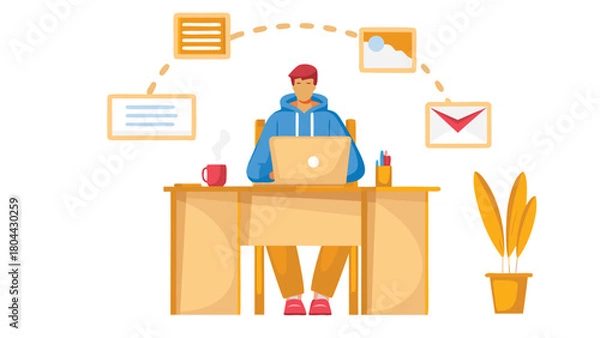 Obraz Young man sitting at a desk focused on his laptop with a blue overlay representing modern work or study