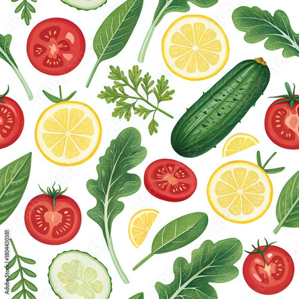Fototapeta Fresh vegetable pattern with tomatoes, cucumbers, lemons and greens, clean food illustration