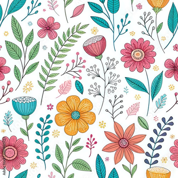 Fototapeta seamless floral pattern, Hand-drawn floral doodle pattern in colorful sketch style, playful seamless background
