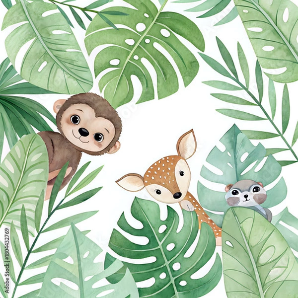 Fototapeta Hand-painted jungle leaves pattern with baby animals hidden between foliage, soft watercolor style