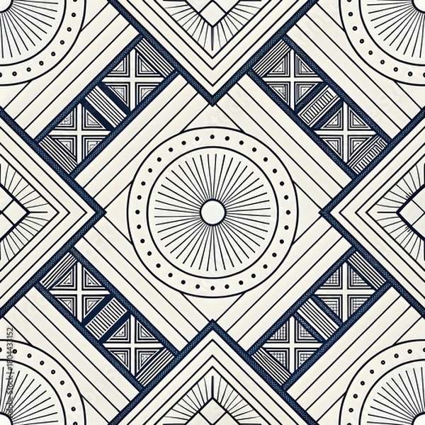 Fototapeta Hand-drawn geometric lines and shapes in monochrome black and white, seamless modern pattern