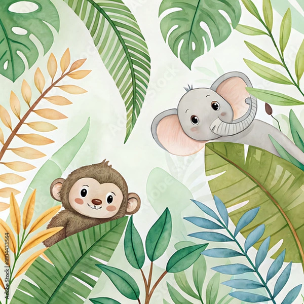 Fototapeta Hand-painted jungle leaves pattern with baby animals hidden between foliage, soft watercolor style