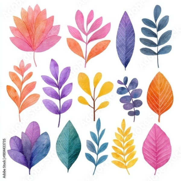 Fototapeta Vibrant Watercolor Leaves Collection in Various Shapes and Colors for Creative Projects and Nature-Inspired Designs