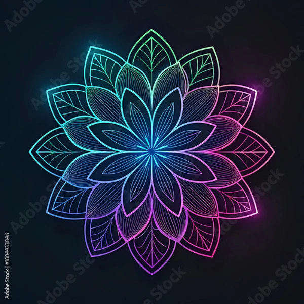 Fototapeta abstract floral background, Iridescent neon flower outline pattern glowing on a dark background, modern futuristic