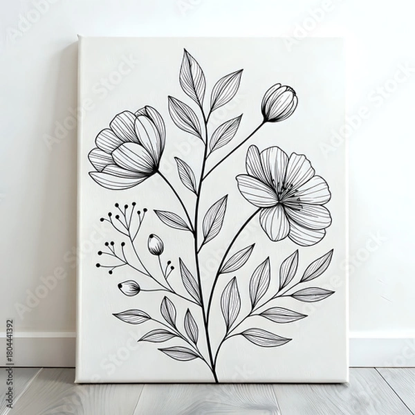 Fototapeta Minimalist Line-Art Flower Pattern in Black Ink on White Canvas, Modern Botanical Style