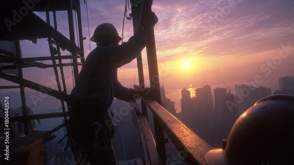 Obraz Construction workers silhouetted on skyscraper framework at sunset urban landscape photography golden hour view