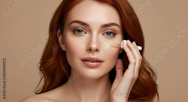 Obraz Woman with glowing skin applying a serum with a dropper
