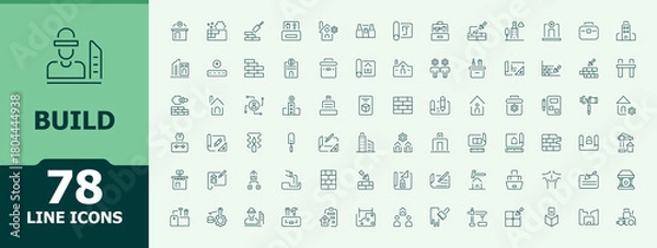 Fototapeta Build icon set in linear style. Collection for mobile and web apps. Featuring construction tools, construction, paint, work. Vector artwork and illustration. Tool icon collection.