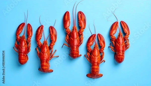 Fototapeta Five Red Lobsters on a Blue Background, Overhead View.