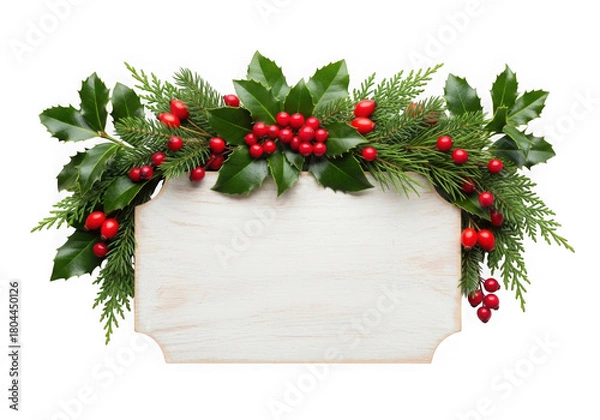 Fototapeta Christmas garland with fir, holly, and berries on a sign isolated on transparent background