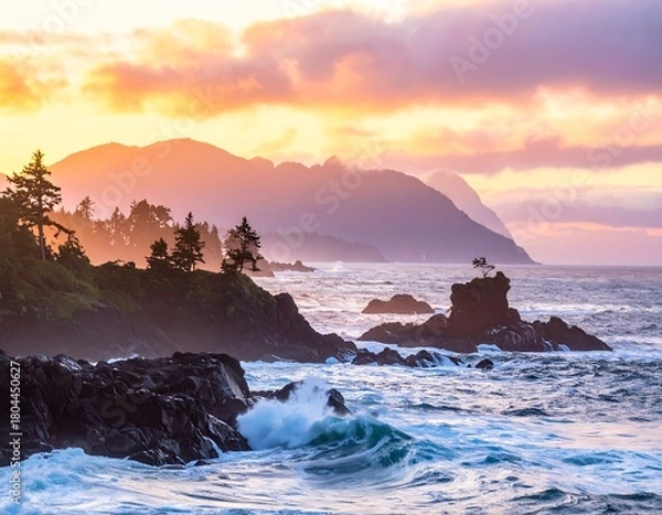 Obraz Coastal scene bathed in soft light. The ocean crashes against rugged, dark rocks. Mountains are silhouetted against a colorful sunset