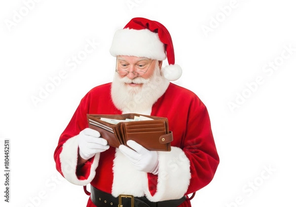 Fototapeta Santa claus looking at his wallet isolated on transparent background