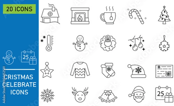 Obraz Christmas cons set in black line icons. Containing as snowflake, gift, tree, reindeer, bell, ornament and more. Winter holiday symbols. Black graphic elements. Vector illustration. 