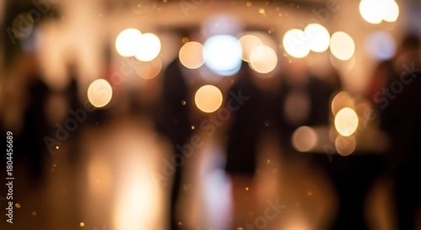 Fototapeta Golden bokeh lights and blurred silhouettes of people at an elegant evening party or celebration event background