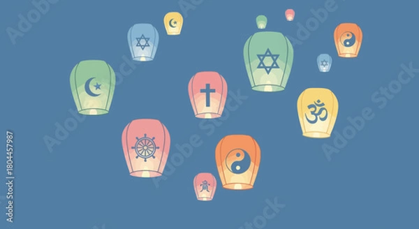 Fototapeta Colorful sky lanterns with symbols of world religions floating in the blue sky. Concept.