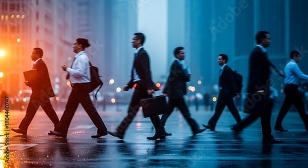 Fototapeta A dynamic scene of anonymous business people in suits walking across a wet city street during the morning rush hour