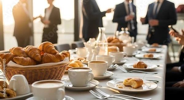 Fototapeta Elegant breakfast spread with fresh pastries and aromatic coffee laid out for a professional business networking event, fostering connections and discussions in a modern, sunlit setting