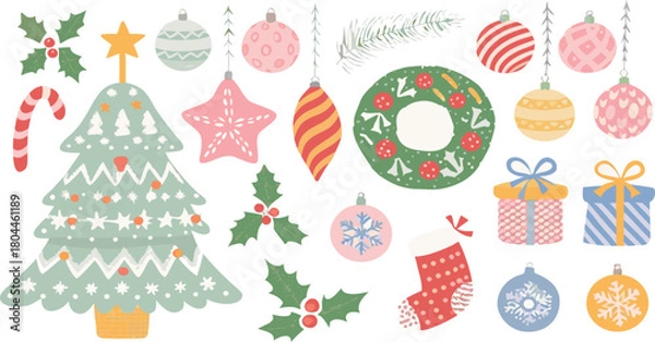 Obraz “Merry Christmas – An Elegant and Comprehensive Collection of Festive Ornaments, Holiday Decorations, Seasonal Elements, Winter-Themed Illustrations, and Decorative Design Assets for Christmas.