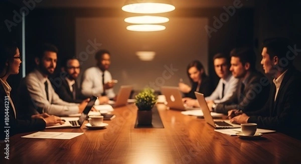 Fototapeta A diverse group of professionals collaborating around a boardroom table, engaged in a meeting with laptops and documents, fostering an atmosphere of teamwork and strategic discussion