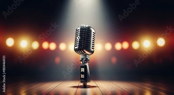 Fototapeta Vintage Microphone on Stage with Bokeh Background