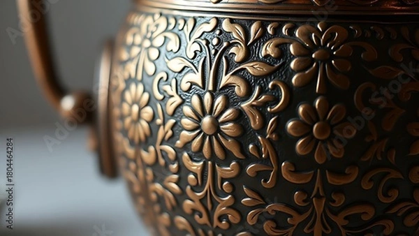 Fototapeta unstylish. Copper vessel with intricate Ottoman floral patterns, detailed metalwork close-up. event programs, museum guides, designed for cultural heritage projects and event programs.