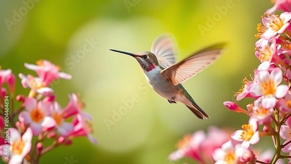 Obraz regress. A hummingbird in motion among vibrant flowers, wings blurred against a soft background. wildlife magazines, conservation campaigns, designed for wildlife conservation campaigns.