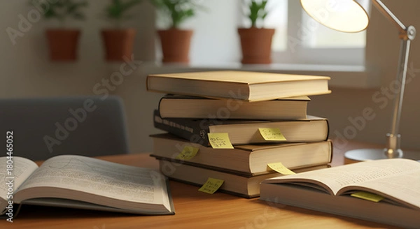 Obraz A tranquil study scene featuring a stack of old books with bookmarks on a wooden desk under the warm glow of a lamp
