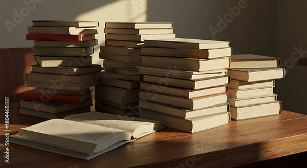 Obraz Towering stacks of hardcover books on a wooden table, with one open, illuminated by warm sunlight, symbolizing knowledge and education