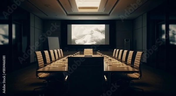 Fototapeta Empty Conference Room with Screen Displaying Abstract Imagery