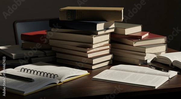 Obraz Stack of books and an open notebook with a pen on a wooden desk in a dimly lit room, suggesting a study or work environment