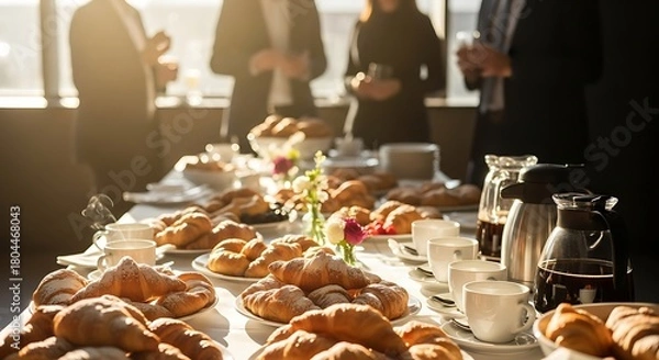 Fototapeta Morning coffee break at a business seminar, featuring a table of fresh croissants and beverages for attendees to network