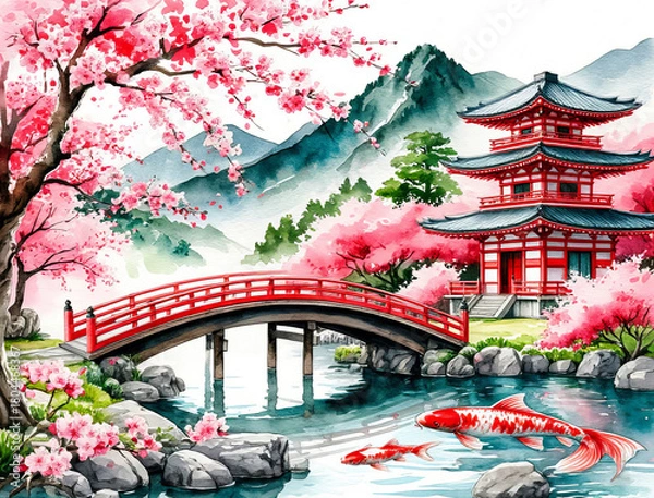 Obraz A serene Japanese landscape featuring a traditional red pagoda, a wooden bridge, cherry blossom trees, and koi fish swimming in a tranquil pond.