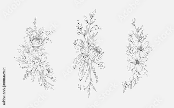 Obraz Botanic set of detailed various flowers and brunch. Luxury vintage floral collection for wedding invitation, wallpaper art or save the date card. Botanical vector illustration