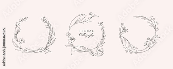 Obraz Set of elegant calligraphic botanical design elements, floral frame and graceful branches. Wedding wildflowers for invitation save the date card. Botanical feminine rustic vector illustration