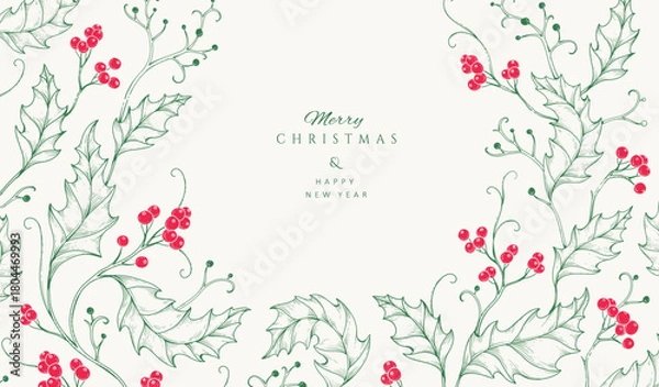 Fototapeta Christmas greeting card with holly plants and berries. Traditional New year decorations. Holiday invitation with hand drawn botanical engraving design