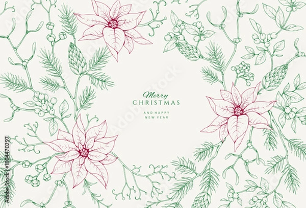 Fototapeta Christmas greeting illustration with winter plants and traditional New year decorations. Holiday card or invitation with hand drawn botanical engraving design