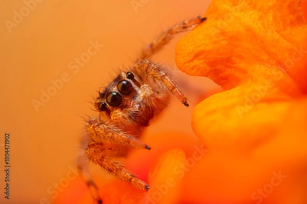 Fototapeta An aesthetically pleasing and impressive close-up photo of a spider. Spider species; Jumping spider. Natural background.
