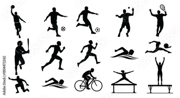 Obraz A collection of black silhouette illustrations depicting various sports and athletic activities on a white background