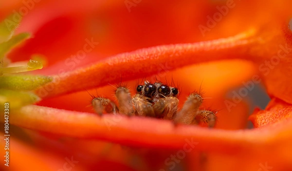 Fototapeta An aesthetically pleasing and impressive close-up photo of a spider. Spider species; Jumping spider. Natural background.