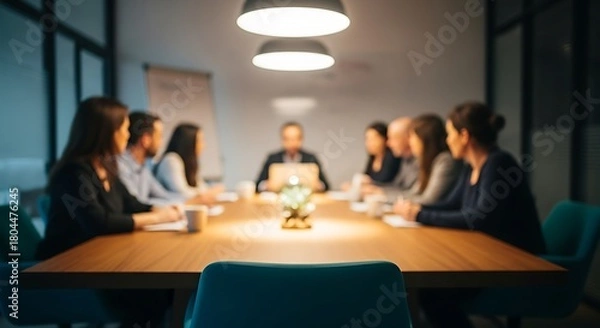 Fototapeta A blurred image of a business meeting in a conference room with people gathered around a table