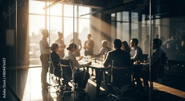 Fototapeta Silhouette of business people in a sunlit boardroom meeting, discussing strategy and planning for future growth